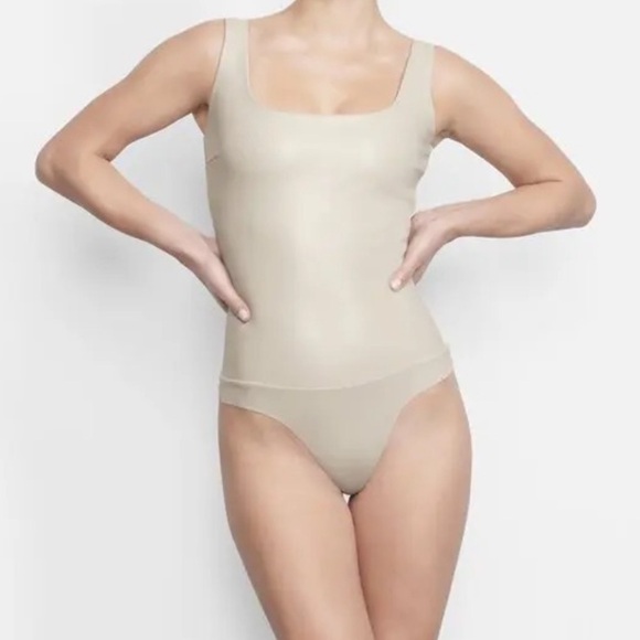 SKIMS Other - SKIMS Scoop Neck Faux Leather Beige Bodysuit in Cement